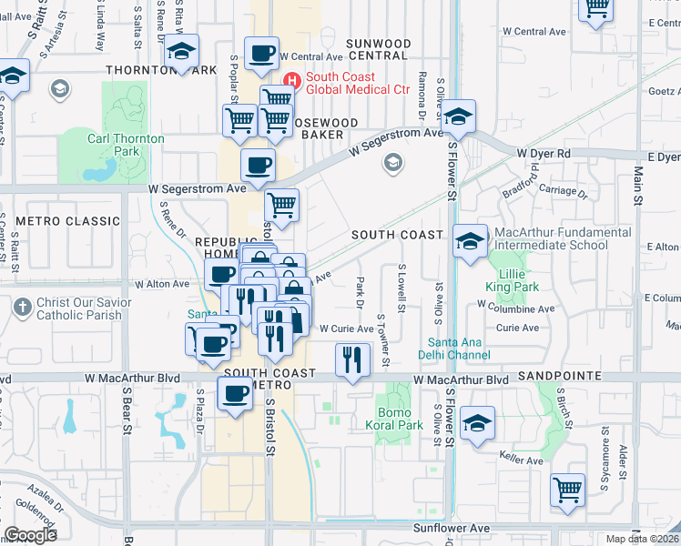 map of restaurants, bars, coffee shops, grocery stores, and more near 1110 West Sierra Drive in Santa Ana