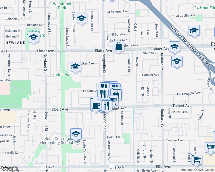 map of restaurants, bars, coffee shops, grocery stores, and more near 9074 La Crescenta Avenue in Fountain Valley