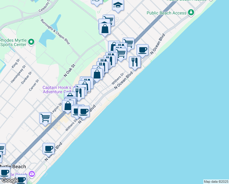 map of restaurants, bars, coffee shops, grocery stores, and more near 2500 North Ocean Boulevard in Myrtle Beach