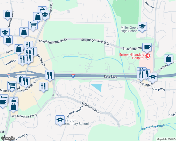 map of restaurants, bars, coffee shops, grocery stores, and more near 5768 Hillandale Drive in Lithonia