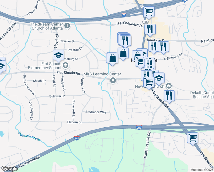 map of restaurants, bars, coffee shops, grocery stores, and more near 3379 Flat Shoals Road in Decatur