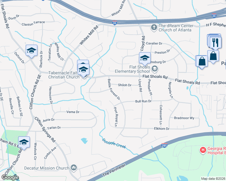 map of restaurants, bars, coffee shops, grocery stores, and more near 2835 Battle Forrest Drive in Decatur