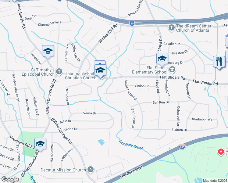 map of restaurants, bars, coffee shops, grocery stores, and more near 2398 Manassas Lane in Decatur