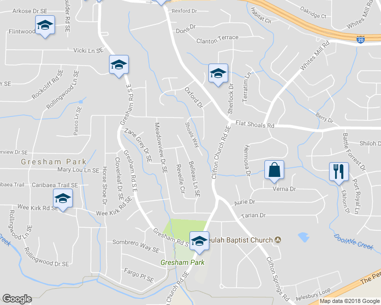 map of restaurants, bars, coffee shops, grocery stores, and more near 2838 Belleau Lane Southeast in Atlanta