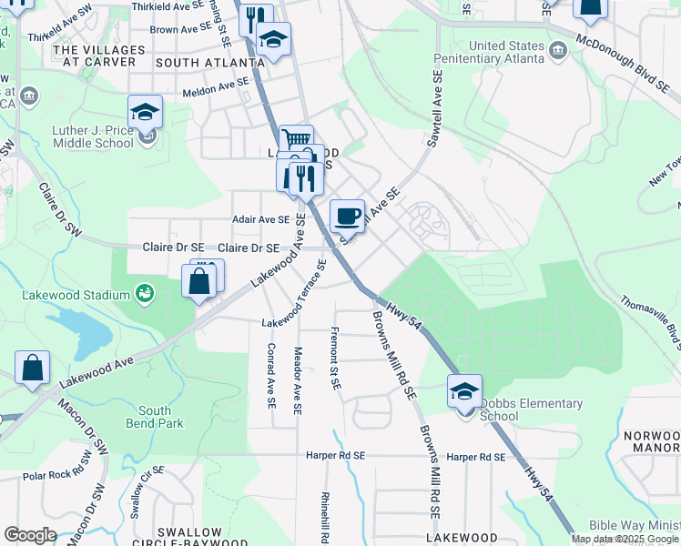 map of restaurants, bars, coffee shops, grocery stores, and more near 1831 Jonesboro Road Southeast in Atlanta