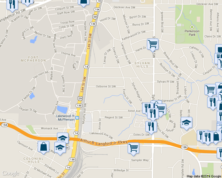 map of restaurants, bars, coffee shops, grocery stores, and more near 1110 Osborne Street Southwest in Atlanta