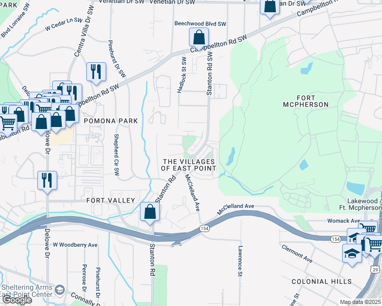 map of restaurants, bars, coffee shops, grocery stores, and more near 1916 Stanton Road in East Point