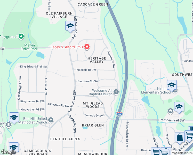 map of restaurants, bars, coffee shops, grocery stores, and more near 3494 Glenview Circle Southwest in Atlanta