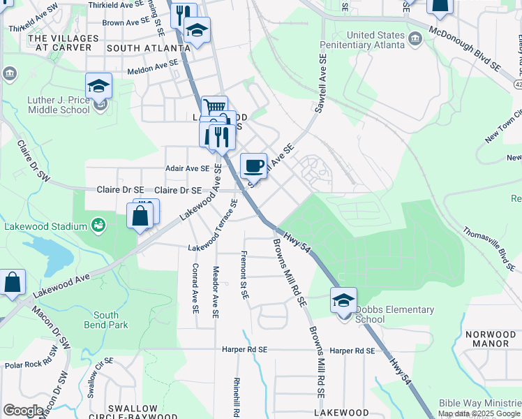 map of restaurants, bars, coffee shops, grocery stores, and more near 1844 Jonesboro Road Southeast in Atlanta