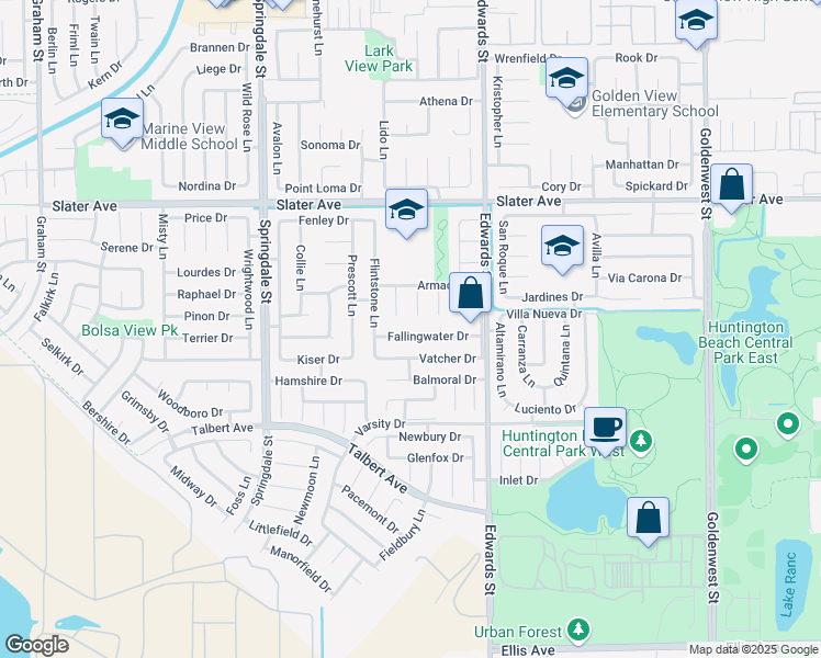 map of restaurants, bars, coffee shops, grocery stores, and more near 6311 Fallingwater Drive in Huntington Beach