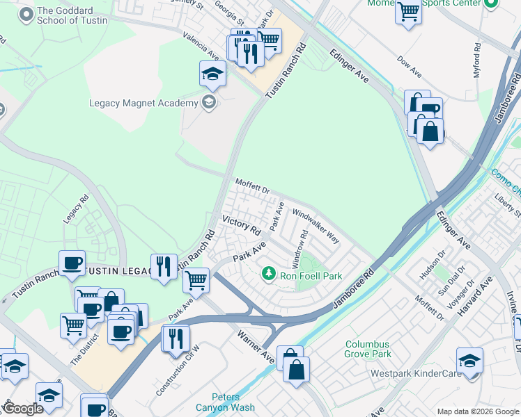 map of restaurants, bars, coffee shops, grocery stores, and more near 130 Waypoint in Tustin