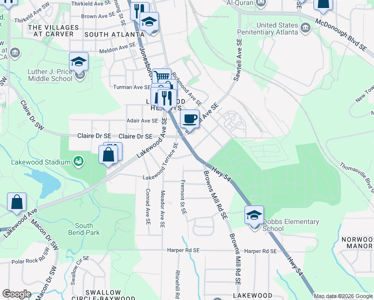 map of restaurants, bars, coffee shops, grocery stores, and more near 1847 Jonesboro Road Southeast in Atlanta