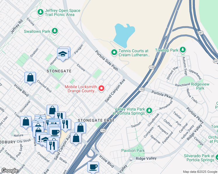 map of restaurants, bars, coffee shops, grocery stores, and more near 214 Traymore in Irvine