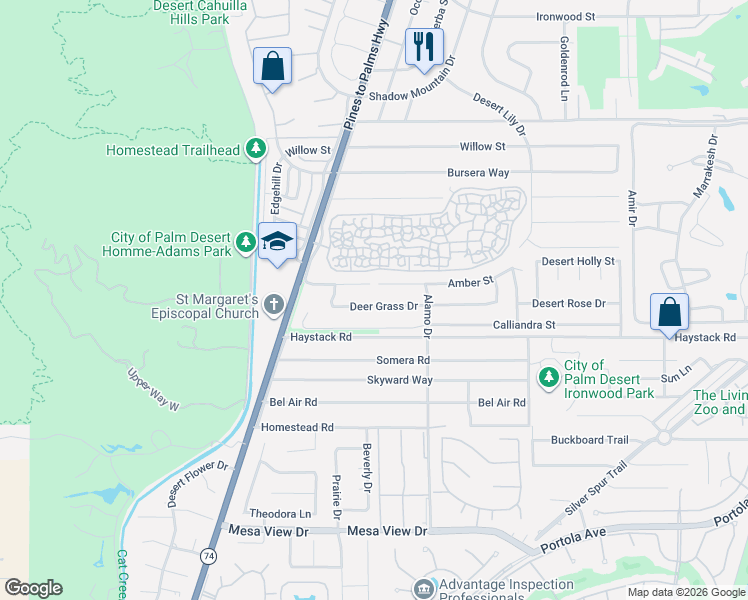 map of restaurants, bars, coffee shops, grocery stores, and more near 72870 Deer Grass Drive in Palm Desert