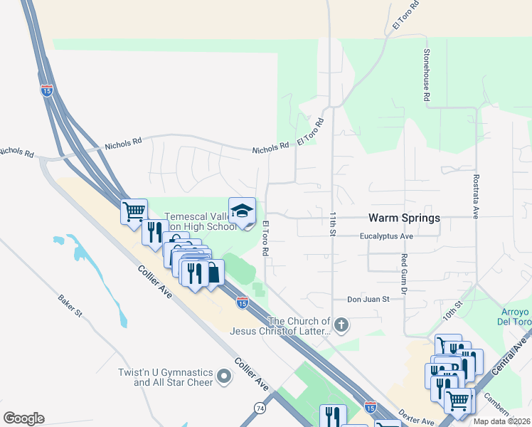 map of restaurants, bars, coffee shops, grocery stores, and more near Tereticornis Avenue in Lake Elsinore
