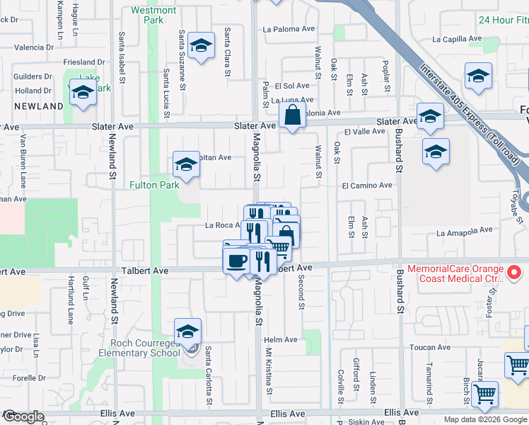 map of restaurants, bars, coffee shops, grocery stores, and more near 9074 La Crescenta Avenue in Fountain Valley