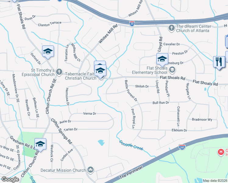 map of restaurants, bars, coffee shops, grocery stores, and more near 2398 Manassas Lane in Decatur