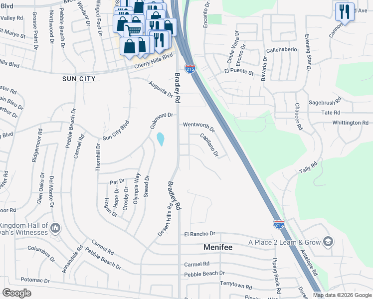map of restaurants, bars, coffee shops, grocery stores, and more near 28701 Piping Rock Road in Menifee