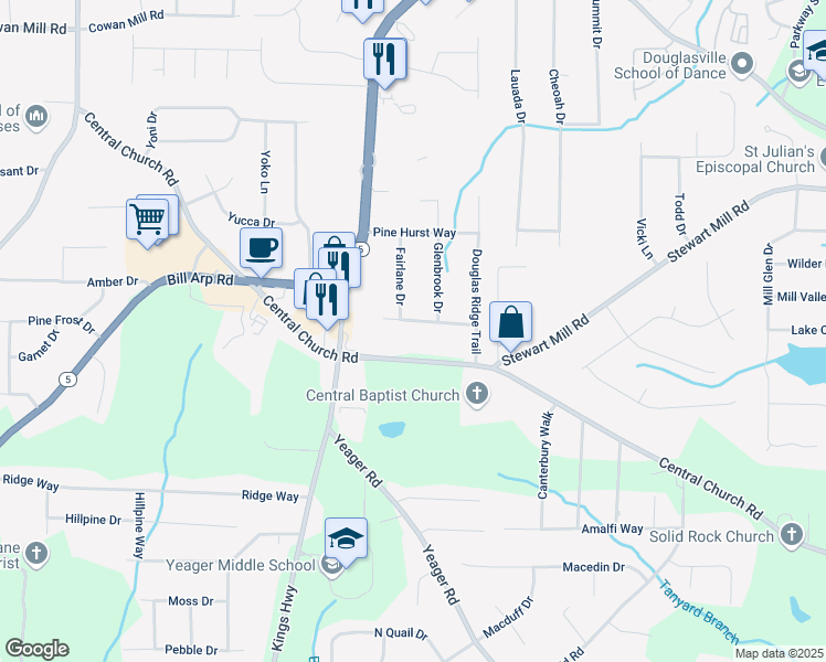 map of restaurants, bars, coffee shops, grocery stores, and more near 5894 Central Church Road in Douglasville