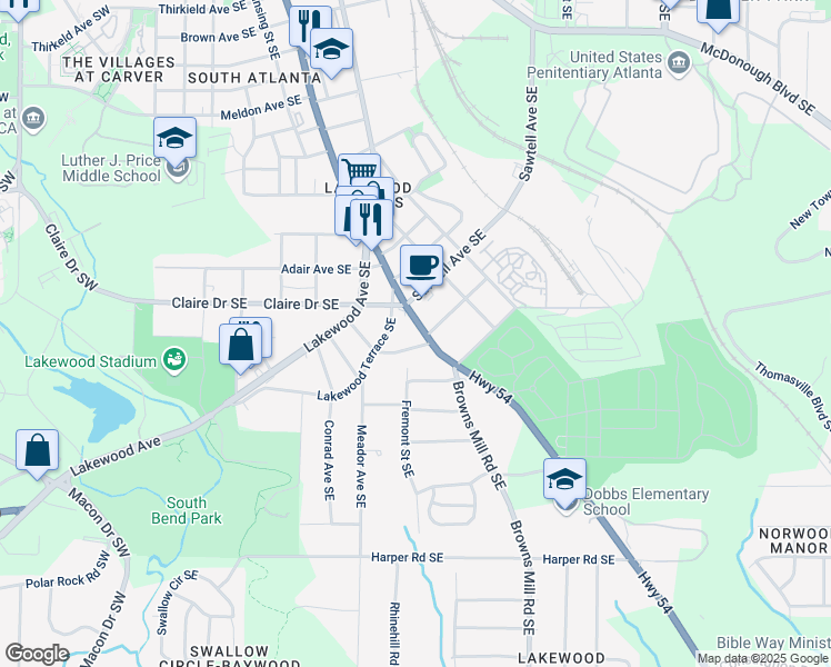 map of restaurants, bars, coffee shops, grocery stores, and more near 1831 Jonesboro Road Southeast in Atlanta