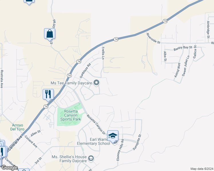 map of restaurants, bars, coffee shops, grocery stores, and more near 45115 Quicksilver Road in Lake Elsinore