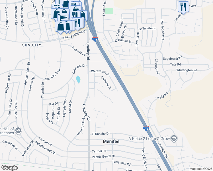 map of restaurants, bars, coffee shops, grocery stores, and more near 27259 Capilano Drive in Menifee