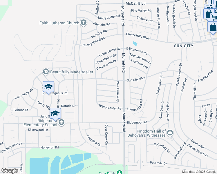 map of restaurants, bars, coffee shops, grocery stores, and more near 25847 Baltrustrol Drive in Menifee