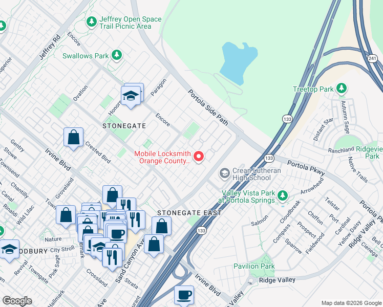 map of restaurants, bars, coffee shops, grocery stores, and more near 57 Somerton in Irvine