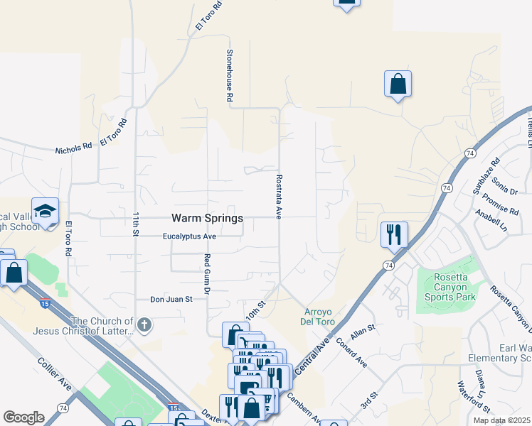 map of restaurants, bars, coffee shops, grocery stores, and more near 18660 Tereticornis Avenue in Lake Elsinore