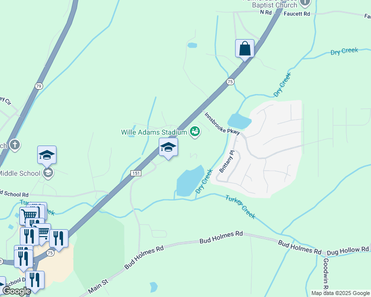 map of restaurants, bars, coffee shops, grocery stores, and more near 6895 Alabama 75 in Pinson