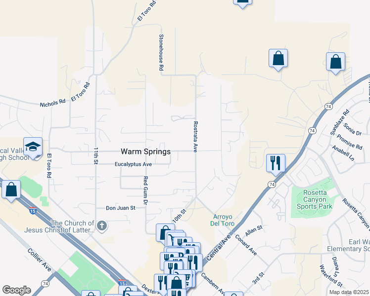 map of restaurants, bars, coffee shops, grocery stores, and more near 18660 Tereticornis Avenue in Lake Elsinore