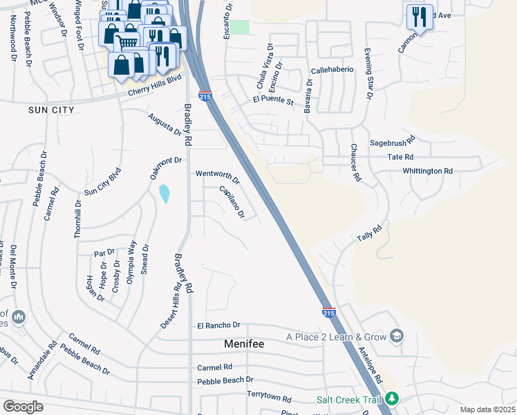 map of restaurants, bars, coffee shops, grocery stores, and more near 27369 Capilano Drive in Menifee