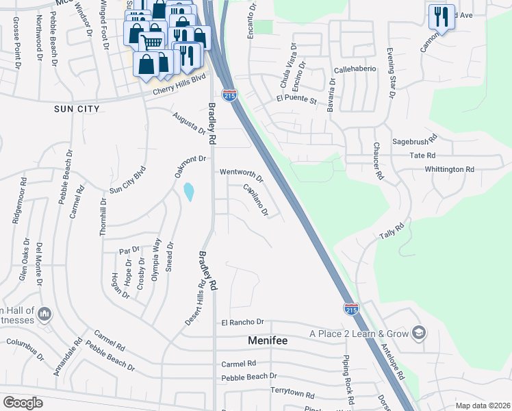 map of restaurants, bars, coffee shops, grocery stores, and more near 27259 Capilano Drive in Menifee