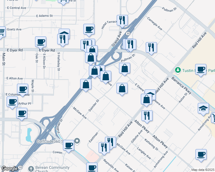 map of restaurants, bars, coffee shops, grocery stores, and more near 1820 East Garry Avenue in Santa Ana