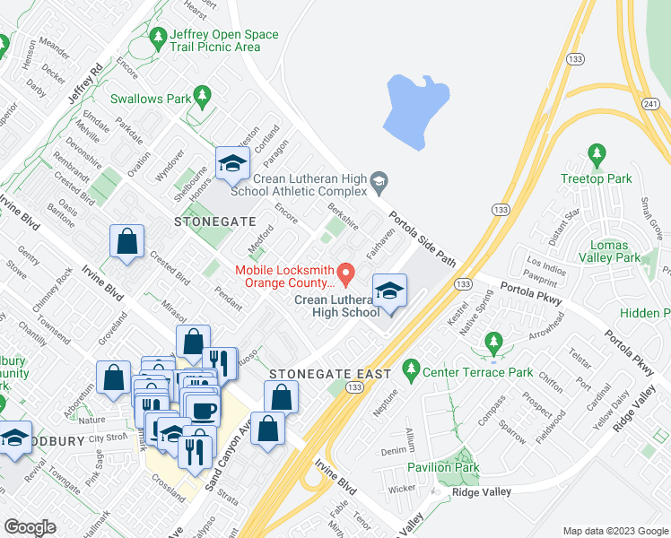 map of restaurants, bars, coffee shops, grocery stores, and more near 57 Somerton in Irvine