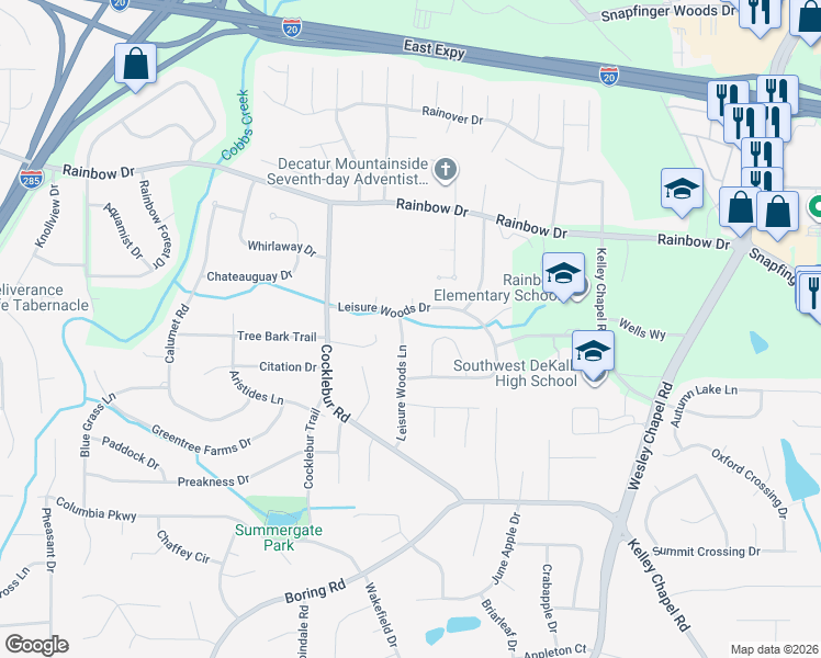 map of restaurants, bars, coffee shops, grocery stores, and more near 2857 Leisure Springs Circle in Decatur