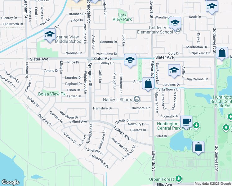 map of restaurants, bars, coffee shops, grocery stores, and more near 17762 Prescott Lane in Huntington Beach