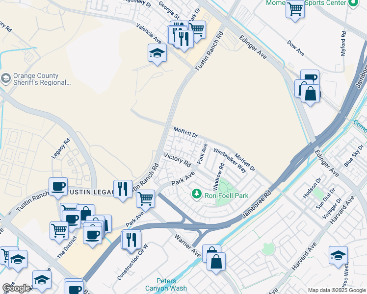 map of restaurants, bars, coffee shops, grocery stores, and more near 419 Transport in Tustin