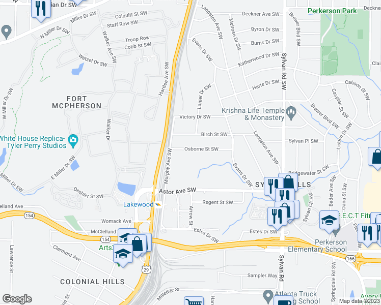 map of restaurants, bars, coffee shops, grocery stores, and more near 1154 Osborne Street Southwest in Atlanta