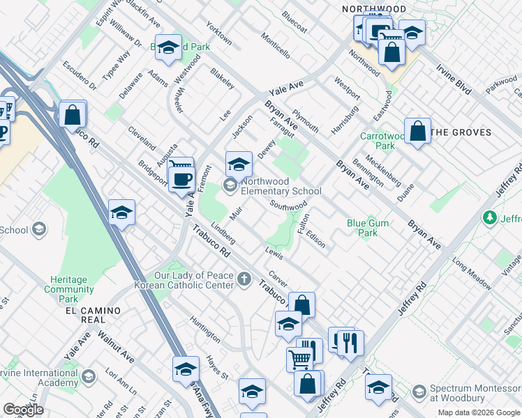 map of restaurants, bars, coffee shops, grocery stores, and more near 50 Carson in Irvine