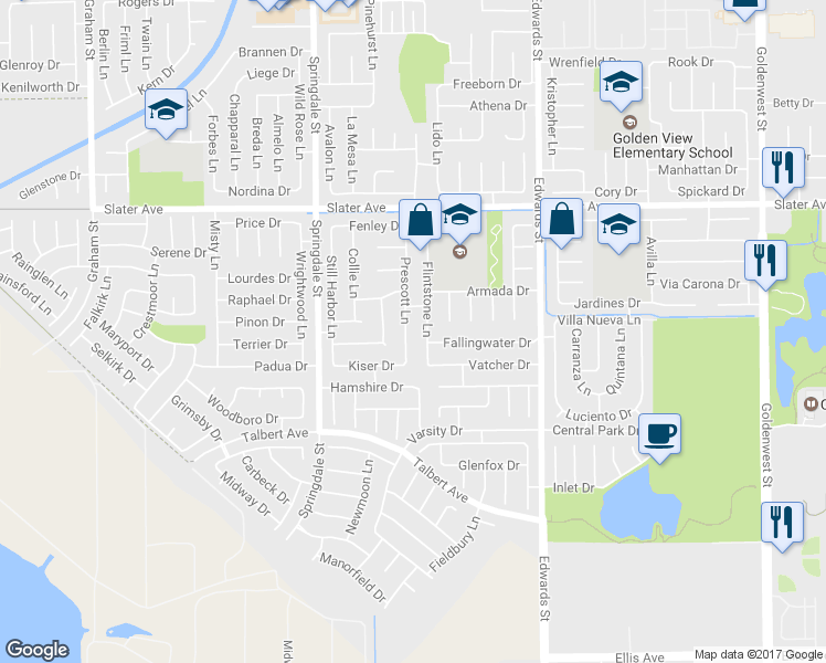 map of restaurants, bars, coffee shops, grocery stores, and more near 17762 Prescott Lane in Huntington Beach