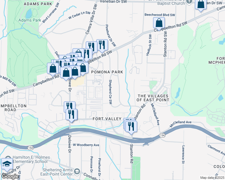 map of restaurants, bars, coffee shops, grocery stores, and more near 1882 Shepherd Circle Southwest in Atlanta