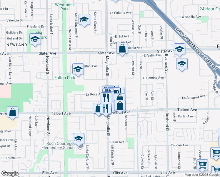 map of restaurants, bars, coffee shops, grocery stores, and more near 17837 Magnolia Street in Fountain Valley