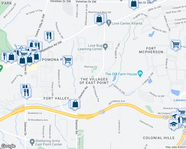 map of restaurants, bars, coffee shops, grocery stores, and more near 2253 Bayrose Circle in East Point