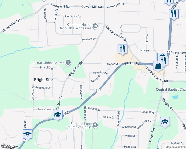 map of restaurants, bars, coffee shops, grocery stores, and more near 6360 Pine Frost Drive in Douglasville