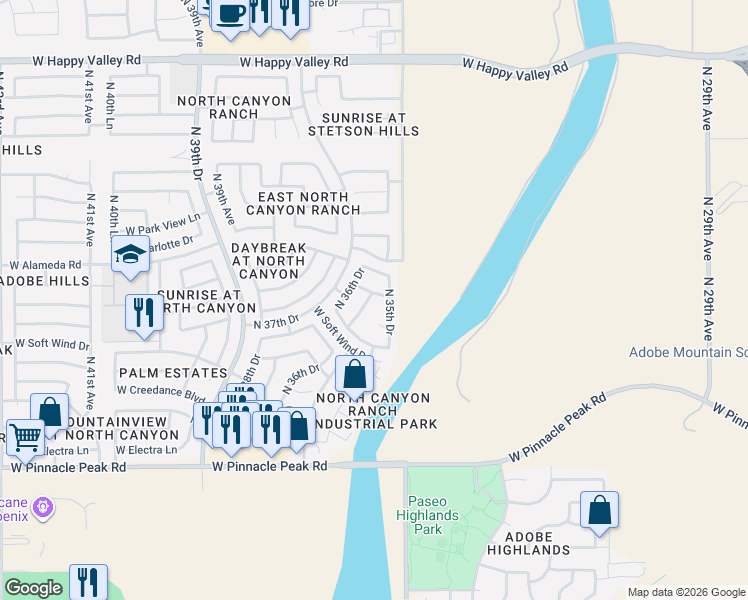 map of restaurants, bars, coffee shops, grocery stores, and more near 23831 North 35th Drive in Glendale