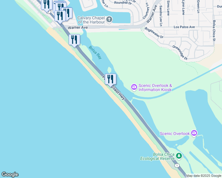 map of restaurants, bars, coffee shops, grocery stores, and more near 17851 Pacific Coast Highway in Huntington Beach