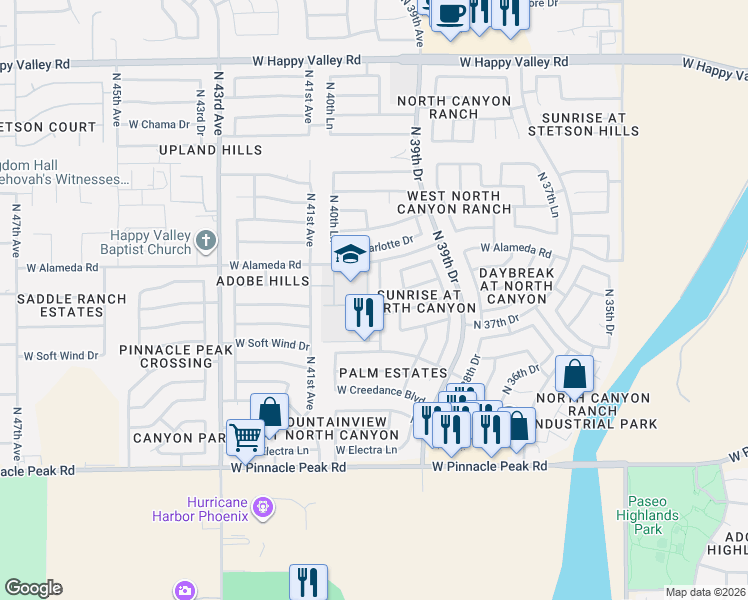 map of restaurants, bars, coffee shops, grocery stores, and more near 23429 North 40th Lane in Glendale