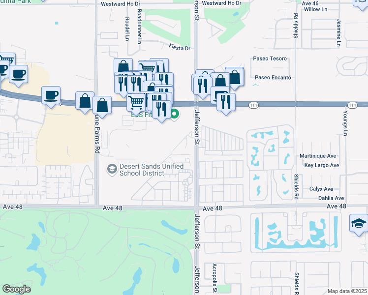 map of restaurants, bars, coffee shops, grocery stores, and more near 202 Jefferson Street in Indio