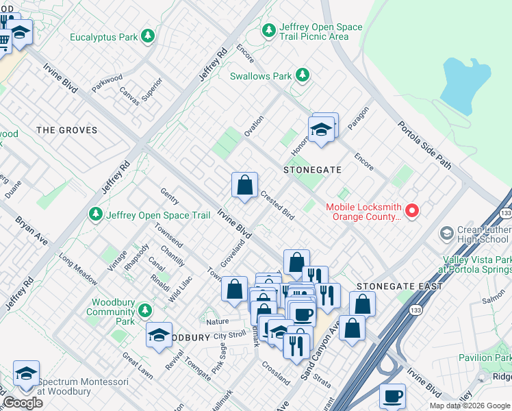 map of restaurants, bars, coffee shops, grocery stores, and more near 102 Kempton in Irvine